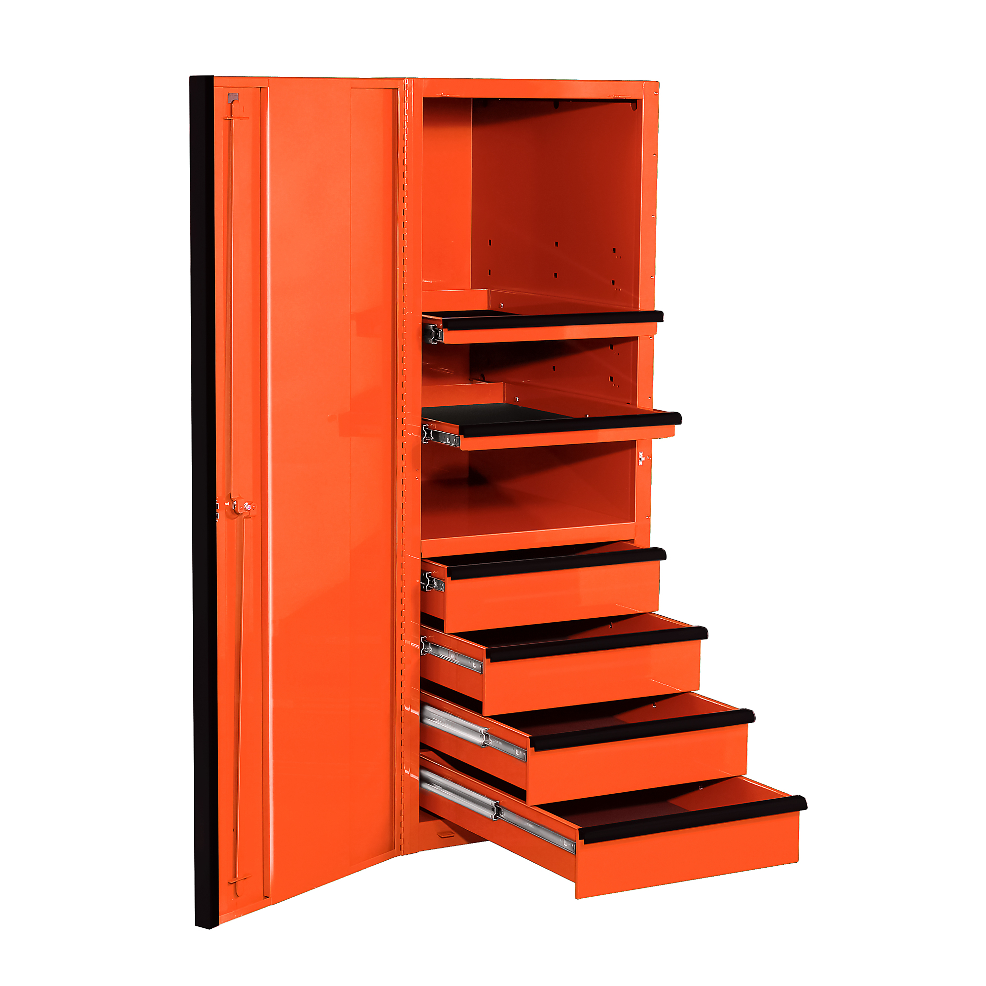 Extreme Tools EXQ Series EX2404SCQ 24" W x 30" D 4 Drawer and 3 Shelf Professional Side Cabinet - Orange w Black Handles - Model # EX2404SCQORBK